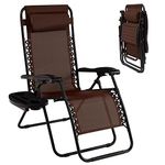 Goplus Zero Gravity Chair, Adjustable Folding Reclining Lounge Chair with Pillow and Cup Holder, Patio Lawn Recliner for Outdoor Pool Camp Yard (Brown)