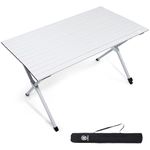 EVER ADVANCED 120X70CM Folding Camping Table with Slatted Top, Aluminium Roll Up Table Height Adjustable, Fold Up Table for 4-6 People, Folding Table with Carrying Bag for Picnic Garden BBQ, Sliver