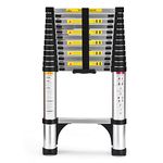 Soctone Telescoping Ladder 12.5 FT Aluminum Extension Ladder with Triangle Stabilizers, Heavy Duty 330lbs/150KG Max Capacity, Multi-Purpose Collapsible Ladder for RV or Outdoor Work, Black