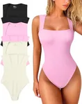 OQQ Women's 3 Piece Bodysuits Sexy Ribbed Strappy Square Neck Sleeveless Tummy Control Tank Tops Bodysuits Black Pink Beige