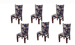 House of Quirk Polyester Spandex Printed Chair Cover Stretch Removable Washable Short Dining Chair Cover Protector Seat Slipcover (Blue Geometry Flower, Pack of 6)