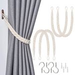 Pretty Jolly 4 Pack Natural Cotton Rope Curtain Tiebacks Elegant Boho Style Decorative Drape Tie Backs Soft Hand-Woven Rope Curtain Holdbacks with Metal Hook for Home & Office Drapery (Beige)