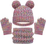 Baynetin Kids Winter Beanie Hat Scarf Gloves Set 3pcs, Thermal Knitted Pom Bobble Hat Scarf Gloves Set with Fleece Lining,Two Fingers Touch Screen Gloves Set for Boys and Girls 2-8 (Iridescent)