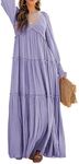 R.Vivimos Maxi Dress for Women Long Sleeve V Neck Empire Waist Layered Ruffle Boho Casual Flowy Long Dresses, Purple, Large