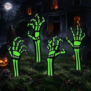 Glowing Halloween Skeleton Hands Coming Out of Ground, 15" Luminous Outdoor Yard Decorations with Stakes, Waterproof Graveyard Props for Scary Party, Pathway, Porch, Haunted House Displays