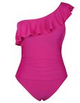 Hilor Women's One Piece Swimsuits One Shoulder Swimwear Asymmetric Ruffle Monokinis Bathing Suits, Hot Pink, 6