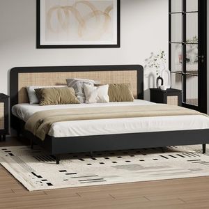 Oikiture King Bed Frame with Rattan Headboard Plywood Slats Bed Base Black