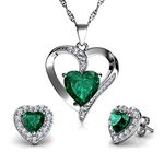 DEPHINI - Green Jewelry Set - Green Necklace & Green Earrings - 925 Sterling Silver Crystal Studs & Pendant Birthstone - 18" Rhodium Plated Silver Chain - Jewelry Box Gifts for Women