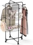 APEXCHASER Clothes Drying Rack, 3-Tier Collapsible Laundry Rack Stand Garment Drying Station with Wheels and 4 Hooks, Indoor-Outdoor Use, for for Bed Linen, Clothing, Socks, Black