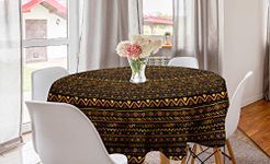 Ambesonne African Round Tablecloth, Chevron Zigzag Circles and Spirals Timeless Vintage Art Design Oriental Doodle, Circle Table Cloth Cover for Dining Room Kitchen Decoration, 60", Brown Yellow