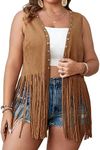 OYOANGLE Women's Plus Size Studded Fringe Trim Open Front Sleeveless Faux Suede Vest Jacket Brown 5X-Large Plus