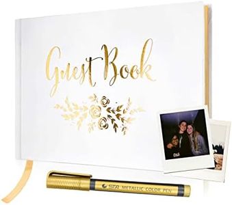 Guest Book - Simple Timeless Design Sign In for Wedding Reception, Baby Shower, Funeral, Vacation Home - Keepsake for Special Events - Polaroid Guestbook, Bookmark & Gold Floral - 9" x 6" (100 Pages)