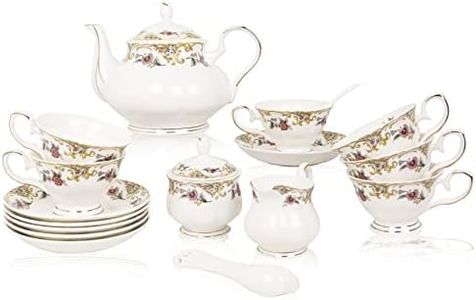 ACMLIFE Bone China Tea Set for Adults White And Floral Fine China Tea Set 21-Piece English Tea Cups Set of 6 for Women Porcelain Tea Set with Teapot, Sugar Bowl,Creamer Pitcher, Tea Party Sets