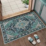 Ciicool Washable Area Rug 2x3ft Small Boho Rug, Teal Rugs for Entryway Non-Slip Entry Rugs Low-Pile Door Mat Floor Accent Carpet for Entrance Bedroom Kitchen Bathroom Foyer Decor