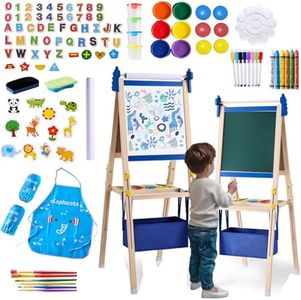 Art Easel for Kids - Adjustable Wooden Double-Sided Magnetic Whiteboard and Chalk Board with Paper Roll, Including 100+ Drawing Accessories - Foldable Painting Birthday Gifts for Boys Girls Ages 3-12