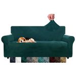 CHELZEN Velvet Couch Covers 3 Seater Thick Stretch Sofa Covers for Dogs Pets Non-Slip Sofa Slipcover Washable Furniture Protector for Living Room (3 Seater, Blackish Green)