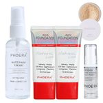 Phoera Foundation Full Coverage Makeup Set - Includes Nude & Buff Beige 30ml Matte Foundation Tubes, 6ml Face Primer, Cool Beige Setting Powder & 50ml Setting Spray for Shine-Free Matte Finish