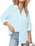 Zeagoo Linen Cotton Tops for Women Casual Long Sleeve Blouse Loose Light Blue Button Down Shirt Women Light Blue