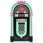 Vinyl Jukebox Record Player Retro Vintage Stereo Entertainment Centre 7 Colour Changing LED Lights Remote Floor Standing Portable Wheels FM Radio Bluetooth AUX MP3 USB CD AUX