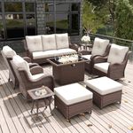 LayinSun 10 Pieces Outdoor Patio Furniture Set with Fire Pit Table, Rattan Wicker Sectional Swivel Rocker Chairs Sets with Ottomans, Swivel Glider Chair, Single Chairs and Coffee Table