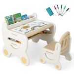 GYMAX Kids Table and Chair Set, Plastic Children Activity Table with Watercolor Pens, Blackboard Eraser & Storage Shelf, Toddler Drawing Desk Set for Playroom Nursery (Brown+White)