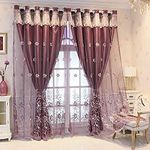 Amidoudou 1 Pair European Double Layer Curtains for Living Room Bedroom Luxury Flower Embroidered Curtains with Valance (Purple,54x90 Inch)