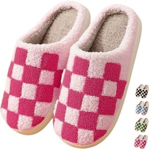 HIPINISS Checkered Slippers House Slippers for Women Men Funny Fluffy Slippers Memory Foam Womens House Shoes Outdoor Indoor Warm Plush Bedroom Slippers for Winter,Pink 43-44