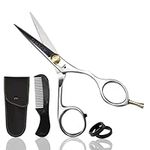 Ontaki 5.5” Japanese Steel Beard Scissors & Mustache Scissors - Ergonomic Design Beard Scissors for Men with 1 Comb & Carrying Pouch - Hand Forged Scissors - Silver - Beard Grooming Scissors