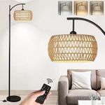 TUXOIUBA Floor Lamp for Living Room Bedroom with Remote Boho Rattan Arc Standing Lamp, Dimmable Black Farmhouse Wicker Bamboo Lamp Shade Floor Light Adjustable Tall Lamp Industrial Floor Lamps