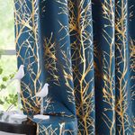 FMFUNCTEX 100% Blackout Curtains for Bedroom, Gold Foil on Navy Blue Curtains 63 Inches Long Living Room Tree Branch Metallic Pattern Curtains Thermal Insulated Room Darkening Drapes 2 Panels Grommet