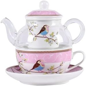YBK Tech Tea for One Set, Glass Teapot with Porcelain Infuser Strainer and Cup & Saucer- Happy Bird Pattern (Pink)