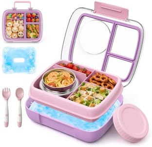 Reeple Kids Bento Lunch Box with 9oz Insulated Food Jar & Ice Pack, Leak-Proof 3 Compartment Toddler Food Container with Clear Lid & Utensils, BPA-Free Hot Soup Jar for Girls School(Pink)