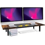 Across-Star Dual-Monitor-Stand-Riser-For-Desk Adjustable Length 32-40 Inch, Large Desktop Computer Monitor Riser For 2 Screens, Desk Shelf Organizer Riser Stand For Computer/Laptop/PC/Printer/TV Brown