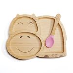 Moon and Moo Hippo Bamboo Suction Plate and Spoon Set for Kids, Toddlers and Baby Weaning - Non-Toxic – Plastic Free - Stay Put - Baby Suction Plate - Baby Weaning Set