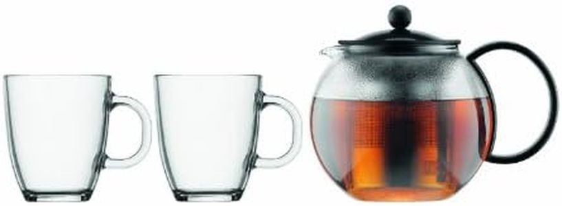 Bodum - K1805-01 - Assam - Tetera con Filtro de Acero INOX - 1,0 l + 2 Mugs de Cristal - 0,35 l