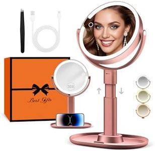 B Beauty Planet Makeup Mirror with Lights, Lighted Magnifying Mirror 30X with 3 Lighting and Adjustable Brightness, 2-Sided Height Adjustable Vanity Mirror for Bathroom, Gifts for Women Rose Gold
