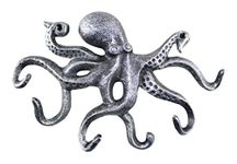 Hampton Nautical Antique Silver Cast Iron Octopus Hook 11 Inch - Decorative Hook - Sealife Metal Wall Hook