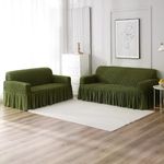 HOKIPO Elastic 3 Seater & 2 Seater Turkish Bubble 280 GSM Frill Sofa Cover, Forest Green (AR-4603-B6 + AR-4604-B6)