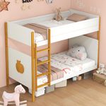 KOMFOTT Twin Over Twin Bunk Bed, Solid Wood Bunk Bed Frame with Built-in Ladder & Safety Guardrails, Convertible Stacking Twin Bunk Beds for Children, No Box Spring Needed