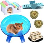 Hamiledyi Hamsters Flying Saucer Silent Running Exercise Wheels 10 Pcs Wooden Rainbow Gerbil House with Seesaw Small Animal Chew Toys for Teeth Care Molar Grass Cake Sweet Bamboo Snacks for Dwarf Mice