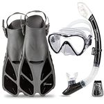 Seavenger Adult Diving Snorkel Set- Dry Top Snorkel/Trek Fin/Single Len Mask/Gear Bag- Blue/red/Yellow/Black/bs (Gray/Black, XS/XXS - Size 1 to 4 or Children 10-13)