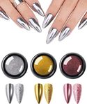 Aishu 3 Colors Chrome Nail Powder Set, Reflective Glitter Metallic Mirror Effect for Nails Art Design 3D Holographic Silver Rose Gold Pigment