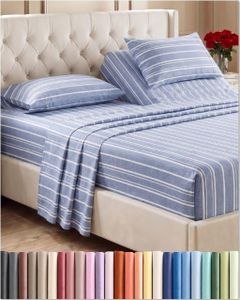 Flex Top Split Head King 4 Piece Sheet Set - Comfy Breathable & Cooling Bed Sheets Set - Hotel Luxury Bedding for Women, Men, Kids, Teens, Boys & Girls - Deep Pockets, Soft - Oeko-Tex - Blue Stripes