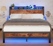 Furnulem Bed Frame with Charging Station and LED Lights,Industrial Platform Beds Queen Size with Storage Headboard,USB Port,Rustic Wood and Strong Metal Support,No Box Spring Needed, Noise Free