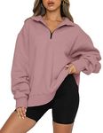 MODARANI Women Casual Hoodie Pullover V Neck Quarter Zip Up Oversize Sweatshirt with Pocket Rose Pink