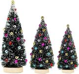 Winlyn 3 Pack Artificial Mini Tabletop Christmas Trees Tiny Frosted Bottle Brush Trees Decorated Small Sisal Trees with White Snow and Colorful Beads Winter Holiday Miniature Décor Assorted Sizes