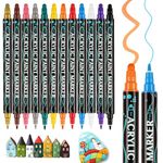 Acrylic Paint Pens for Rock Painting, 12 Colors Acrylic Paint Markers Set for Wood Crafts Ceramic Glass Stone Pebble Colouring DIY Craft, 1-5mm Waterproof Permanent Dual Tip Brush Pen for Kids Adults