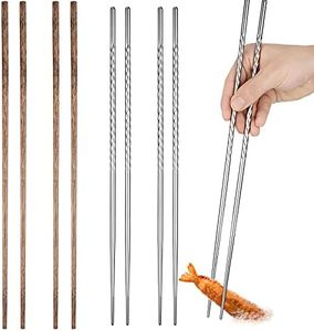 4 Pairs Long Cooking Chopsticks 15.3 Inch Extra Long Stainless Steel Chopsticks with Non Slip Threaded, 16.5 Inch Wooden Noodles Kitchen Cooking Frying Hot Pot Chopsticks(Silver, Wood Color)