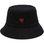 XYIYI Heart Black Embroidery Bucket Hat Cotton Beach Fisherman Hats for Women Girls