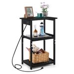 Black End Table with Charging Station, Small Nightstand Bedside Table with USB Ports and Outlets for Bedroom Sofa Office, 3 Tier Sofa Side Table with Storage Shelf, Black Bamboo End Table